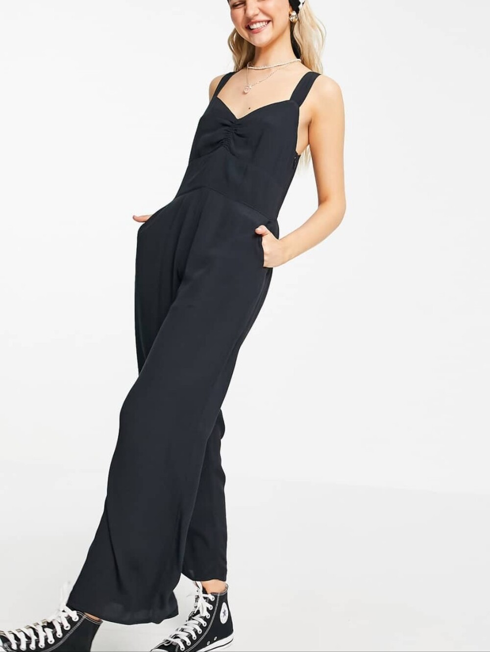 Abercrombie Womens Black Cinched Front Smock Back Wide Leg Jumpsuit Size Small